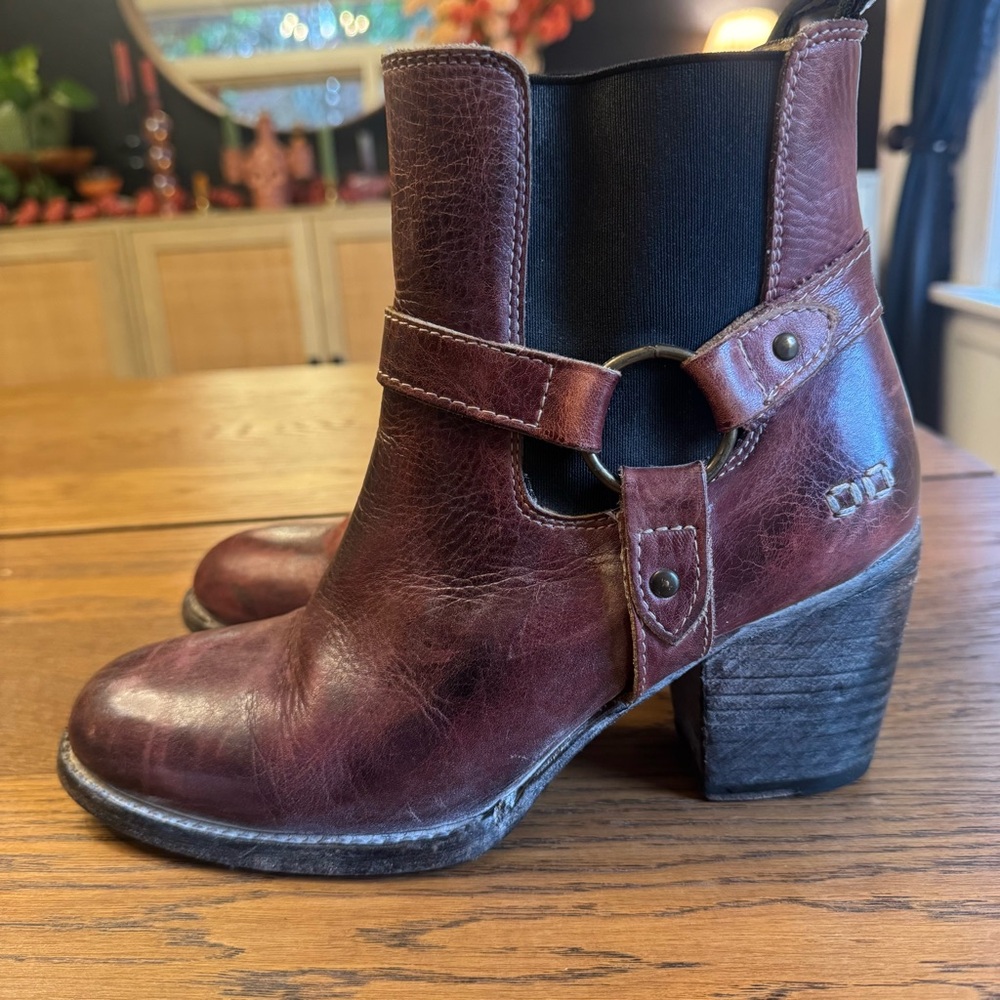 BED STU Burgundy Distressed Harness Boot Strap Heel Cobbler Series Western - Picture 4 of 11
